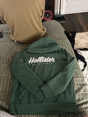 Hollister Olive Green Pullover Hoodie with White Logo